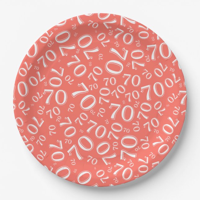 70th Party Random Number Pattern Coral/White Paper Plate (Front)