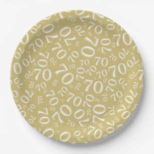 70th Party Random Number Pattern Gold/White Paper Plate