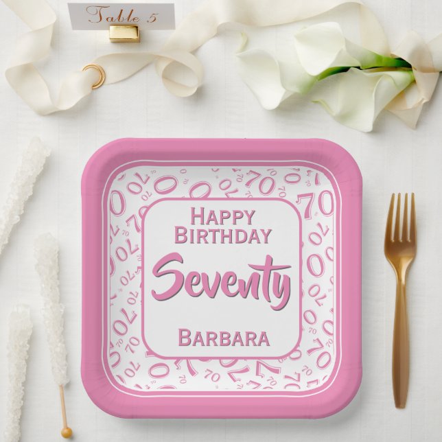 70th Party Random Number Pattern Pink/White Paper Plate (Wedding)