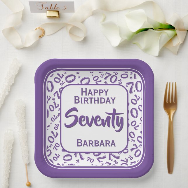70th Party Random Number Pattern Purple/White  Paper Plate (Wedding)