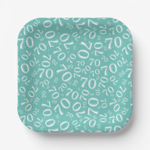 70th Party Random Number Pattern Teal/White Paper Plate