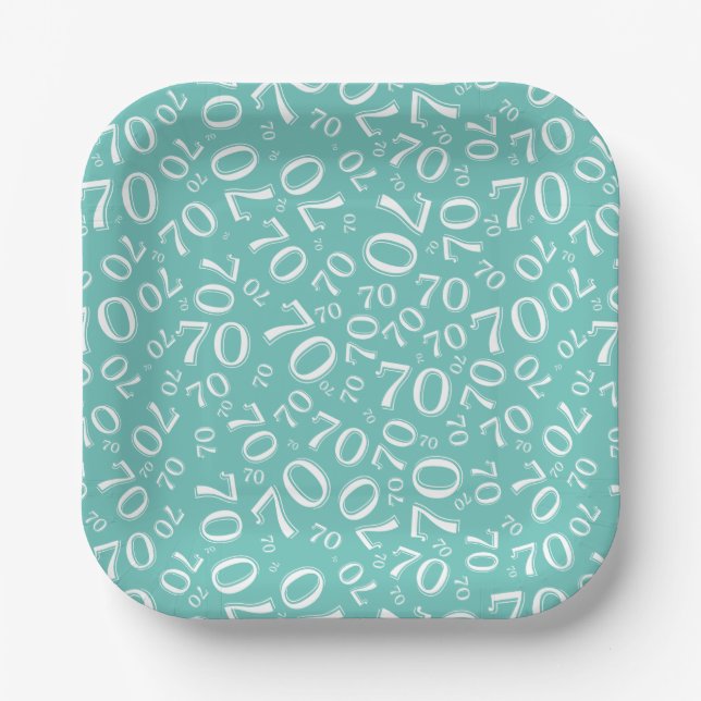 70th Party Random Number Pattern Teal/White Paper Plate (Front)
