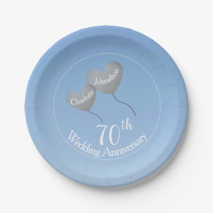 70th platinum anniversary heart balloons paper plate