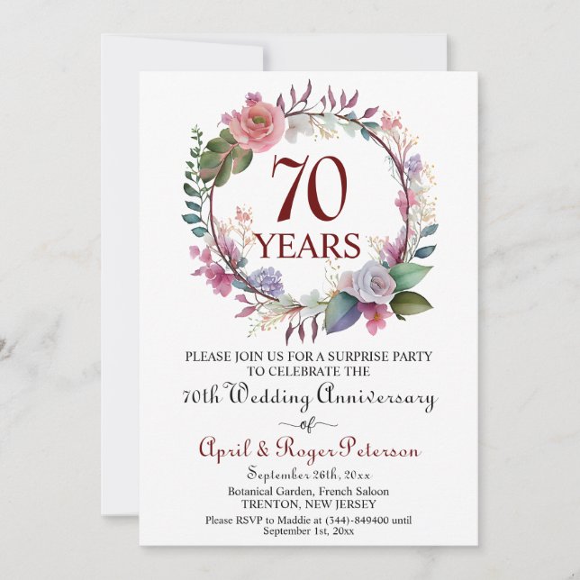 70th Platinum Surprise Wedding Anniversary Floral Invitation (Front)