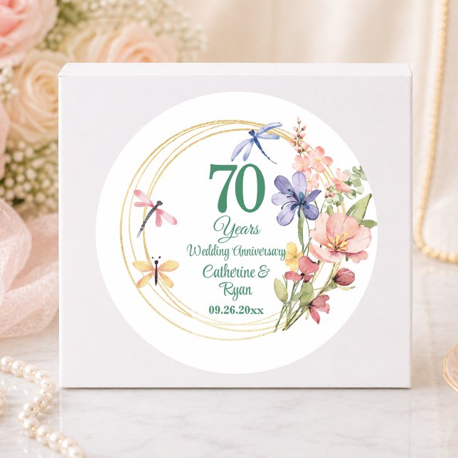 70th Platinum Wedding Anniversary Gold Frame Classic Round Sticker (Creator Uploaded)