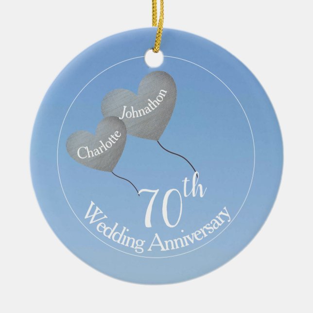 70th Platinum Wedding Anniversary heart balloons Ceramic Ornament (Front)