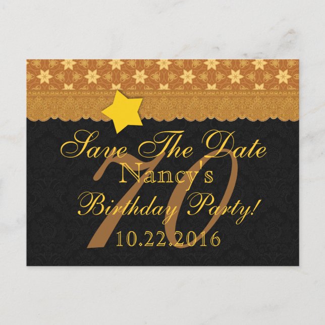 70th Save the Date Birthday Gold Black Lace A2 Announcement Postcard (Front)