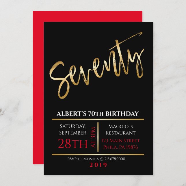 70th Seventieth Birthday Gold Black Invitation (Front/Back)