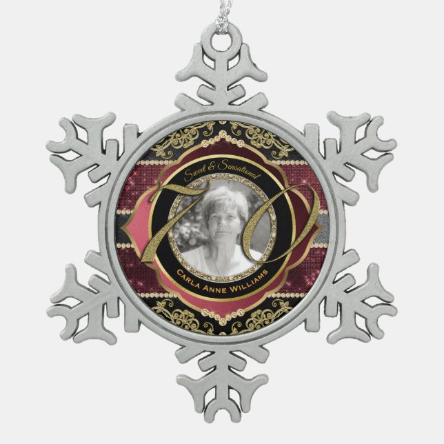 70th Seventieth Gold Ruby Diamonds Photo Frame Snowflake Pewter Christmas Ornament (Front)