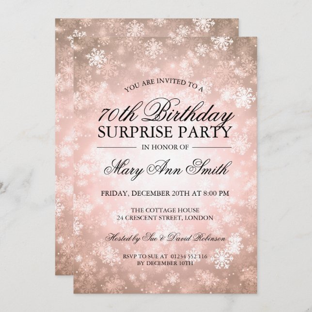 70th Surprise Birthday Copper Winter Wonderland Invitation (Front/Back)