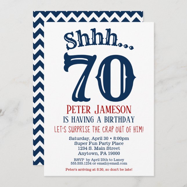 70th Surprise Birthday Invitation Mens Navy Blue (Front/Back)