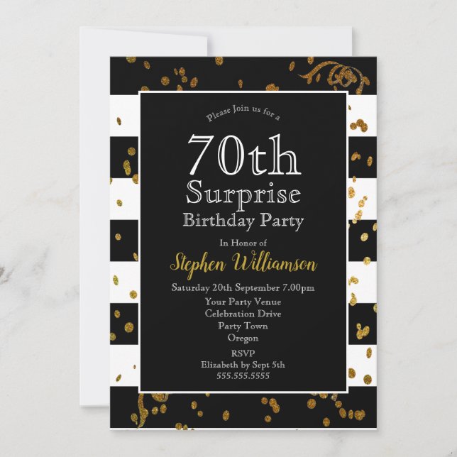 70th Surprise Birthday Party  Black and Gold Invitation (Front)