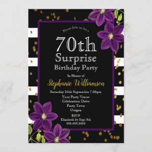 70th Surprise Birthday Party  Black and Gold Invitation