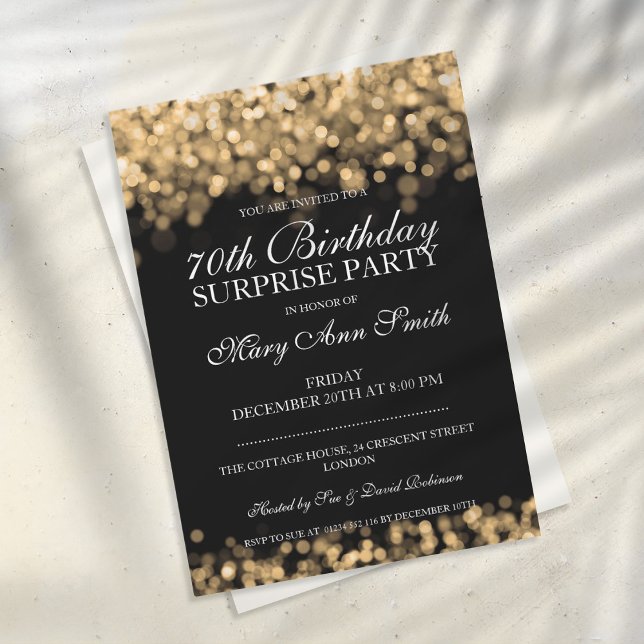 70th Surprise Birthday Party Gold Lights Invitation (Creator Uploaded)