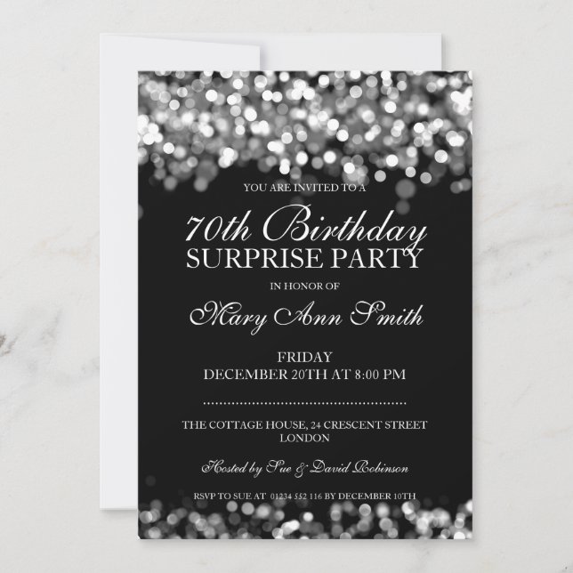 70th Surprise Birthday Party Silver Lights Invitation (Front)