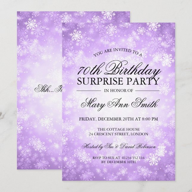 70th Surprise Birthday Purple Winter Wonderland Invitation (Front/Back)