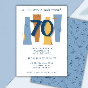 70th Surprise Birthday Retro Masculine Blue Invitation