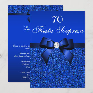 70th Surprise Party Royal Blue Sequins and Bow Invitation