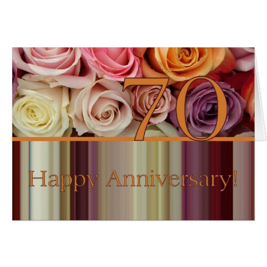  70th  Wedding  Anniversary  Card  Pastel roses stripe 