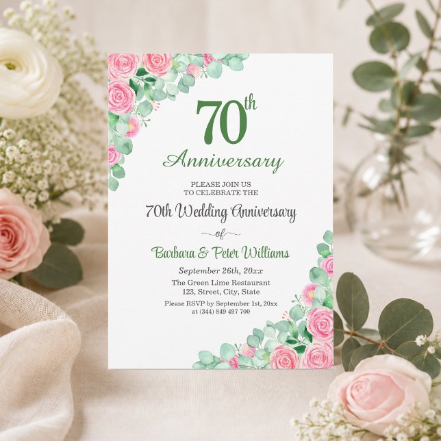 70th Wedding Anniversary Eucalyptus Roses Invitation (Creator Uploaded)