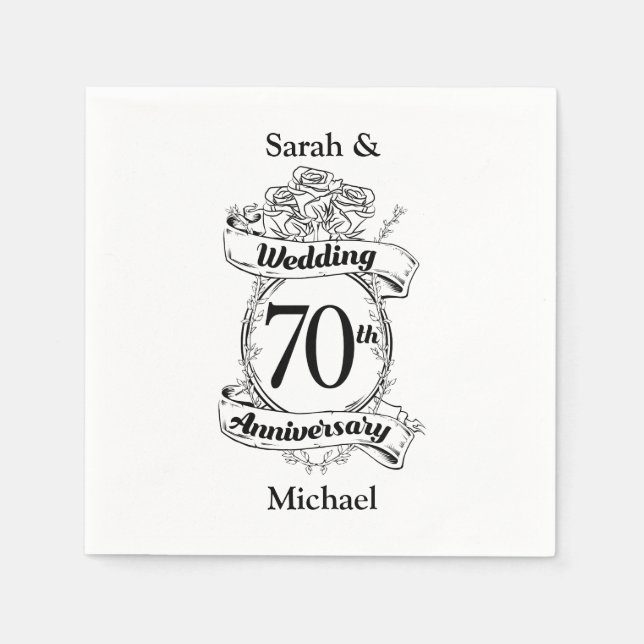 70th Wedding Anniversary Flowers Black and white Napkin (Front)