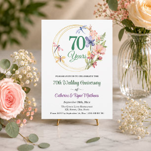 70th Wedding Anniversary Gold Frame Floral Invitation