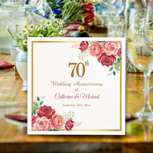 70th Wedding Anniversary Gold Frame Floral Napkin