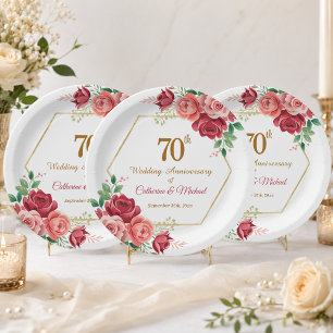 70th Wedding Anniversary Gold Frame Floral Paper Plate