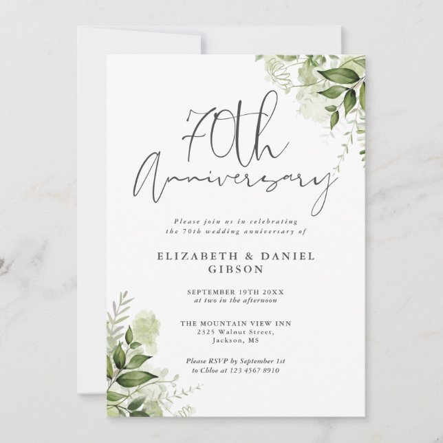 70th Wedding Anniversary Greenery Floral Invitation (Front)