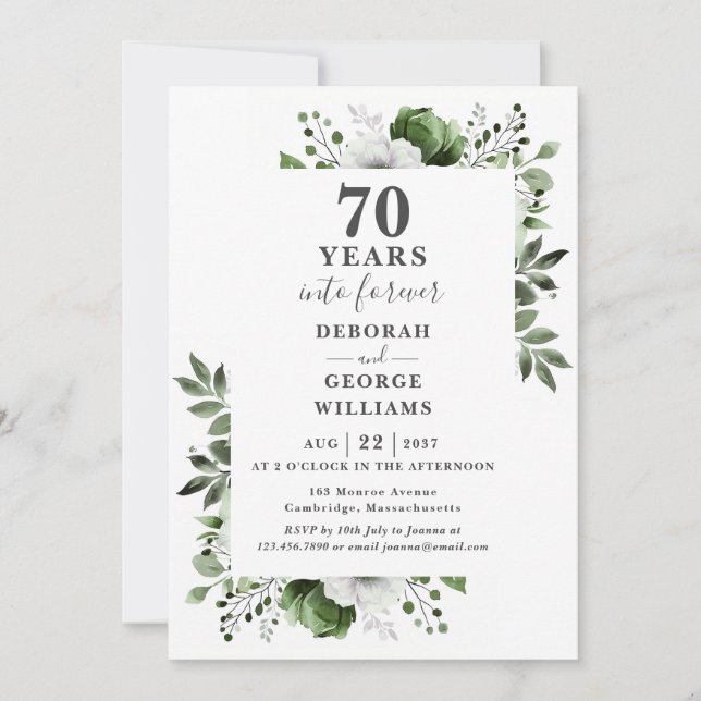 70th Wedding Anniversary Greenery Floral Monogram Invitation (Front)
