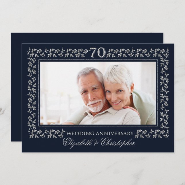 70th Wedding Anniversary Navy Blue Silver Photo Invitation (Front/Back)