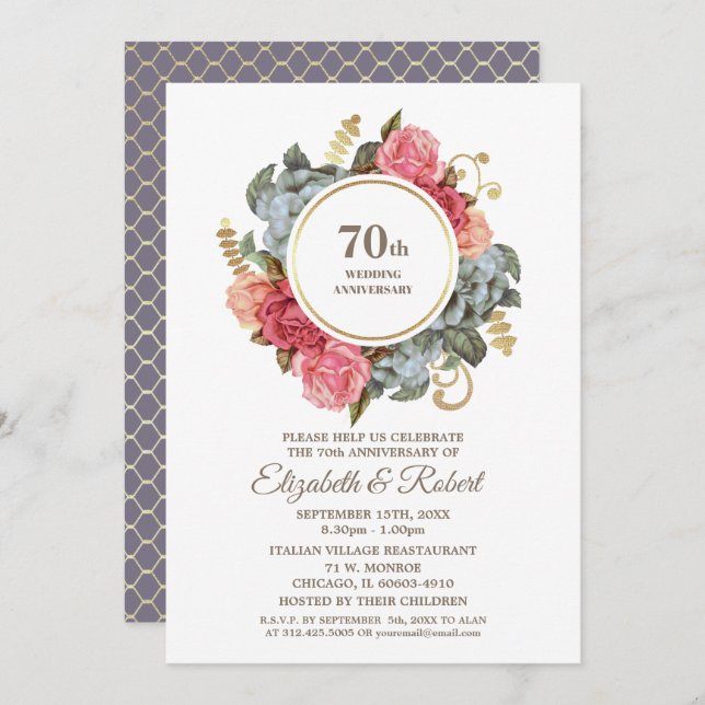 70th Wedding Anniversary Party Floral Invitation (Front/Back)