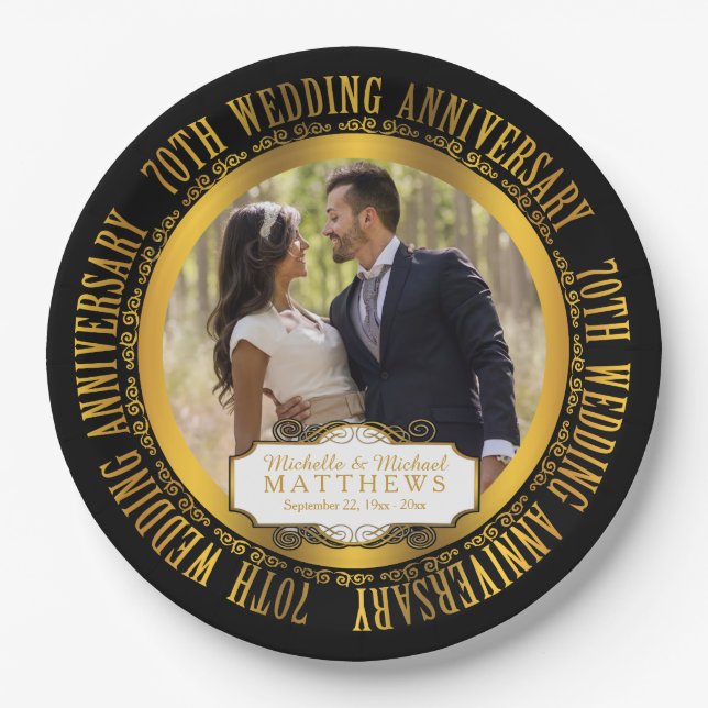 70th Wedding Anniversary Photo Black | Gold Tone Paper Plate (Front)