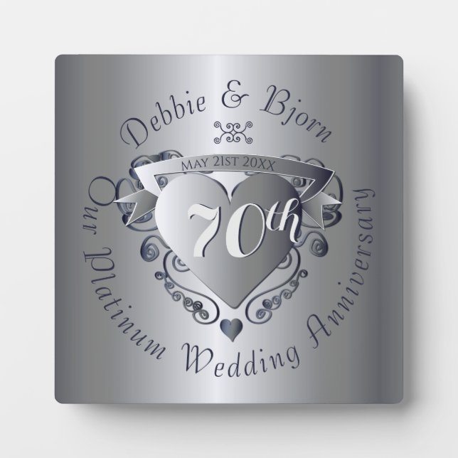 70th Wedding Anniversary Platinum Heart Emblem Plaque (Front)
