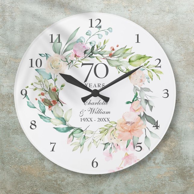 70th Wedding Anniversary Roses Floral Large Clock (70th Wedding Anniversary Roses Floral Large Clock)