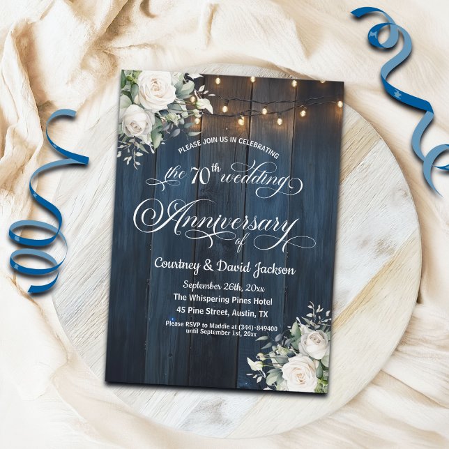 70th Wedding Anniversary Rustic Blue String Lights Invitation (Creator Uploaded)