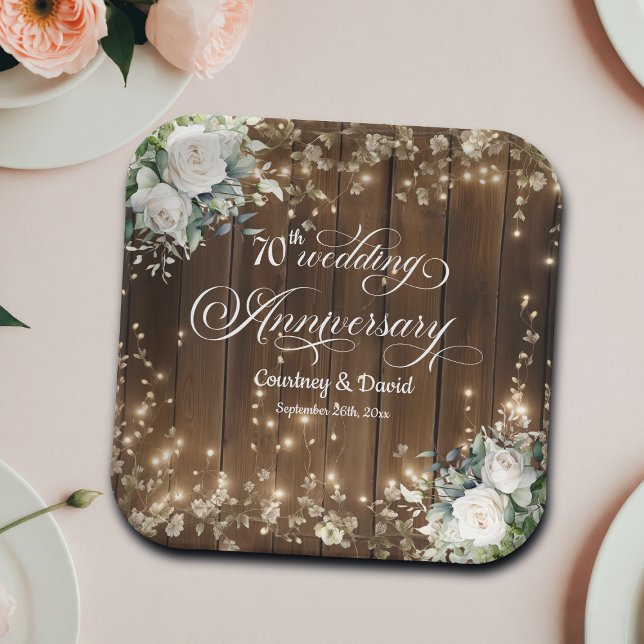 70th Wedding Anniversary Rustic String Lights  Paper Plate (Creator Uploaded)