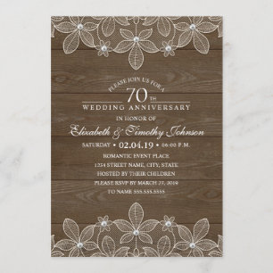 70th Wedding Anniversary Rustic Wood Country Lace Invitation