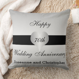 70th Wedding Anniversary Silver Heart Design Cushion