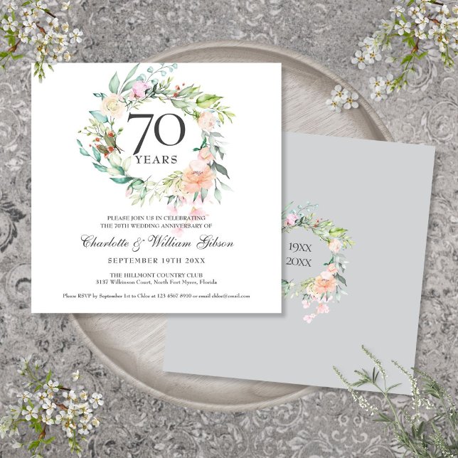 70th Wedding Anniversary Watercolor Floral Invitation (70th Wedding Anniversary Watercolor Floral Invitation)