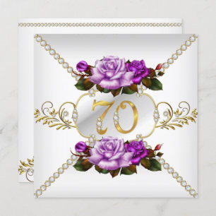 70th Women's Birthday Party Purple Rose White Gold Invitation