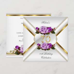70th Women's Birthday Party White Gold Lilac Rose Invitation