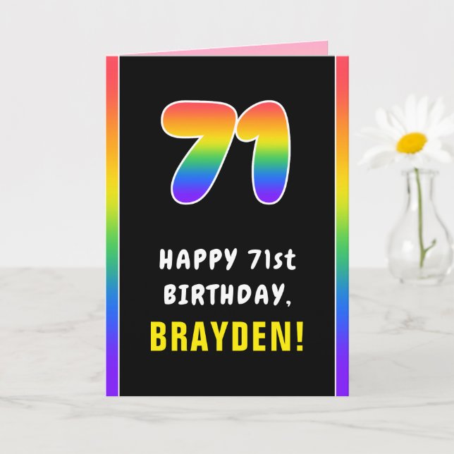 71st Birthday: Colourful Rainbow # 71, Custom Name Card (Small Plant)
