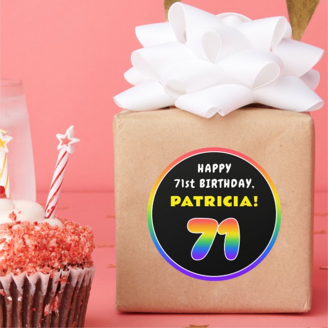 71st Birthday: Colourful Rainbow # 71, Custom Name Classic Round Sticker (Party)