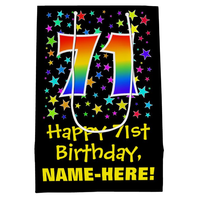 71st Birthday: Colourful Stars Pattern & Rainbow 7 Medium Gift Bag (Back)