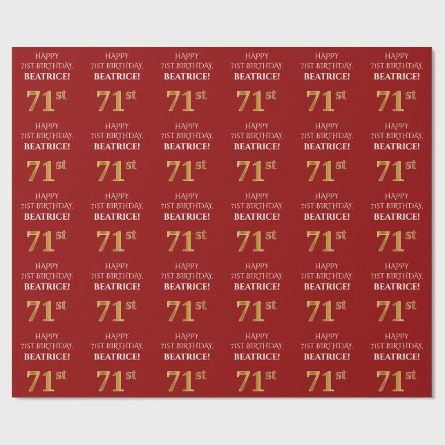 71st Birthday: Elegant, Red, Faux Gold Look Wrapping Paper (Flat)