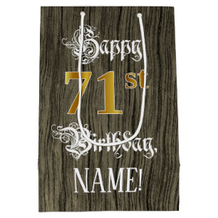71st Birthday: Faux Gold Look & Faux Wood Pattern Medium Gift Bag