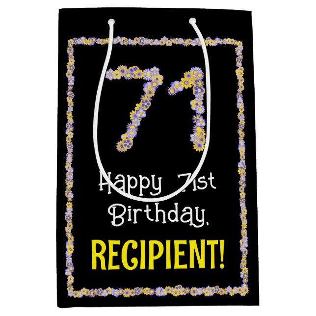 71st Birthday: Floral Flowers Number, Custom Name Medium Gift Bag (Front)
