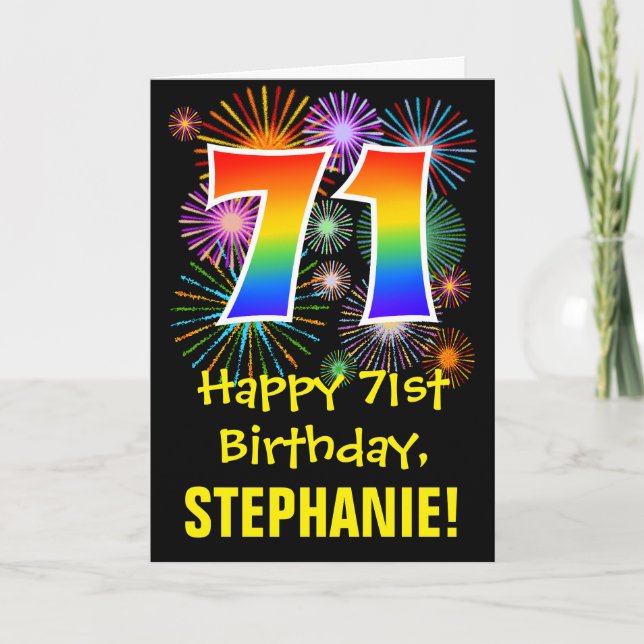 71st Birthday: Fun Fireworks Pattern + Rainbow 71 Card (Front)