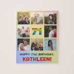 71st Birthday: Fun Rainbow #, Custom Name & Photos Jigsaw Puzzle<br><div class="desc">This fun and upbeat birthday-themed jigsaw puzzle design features the number “71“ with a vibrant multicolored rainbow spectrum inspired gradient pattern, along with the message “HAPPY 71st BIRTHDAY, ” and a customisable recipient name. The background also features a rainbow spectrum inspired gradient pattern, made up of various shades of light...</div>